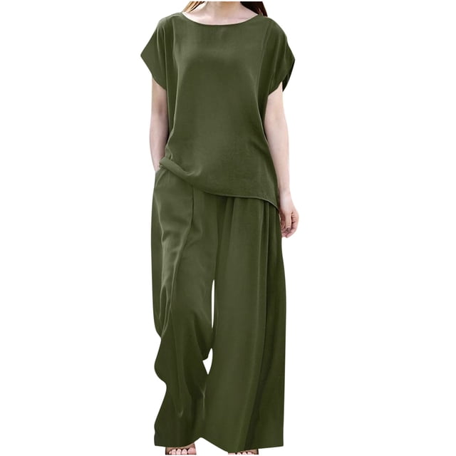 Womens 2 Piece Outfits Plus Size Lounge Pajamas Sets Short Sleeve T Shirts Flowy Wide Leg Long Pants Summer Outfits