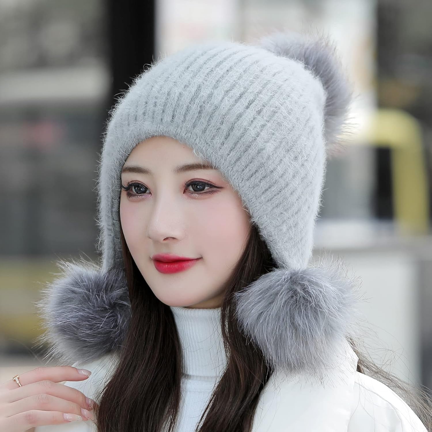 YooGuoGuo Women Winter Beanie Hat Earflap Peruvian Warm Slouchy Fleece Lined 3 Pom Poms Knit Sherpa Fluffy Soft Ski Hats