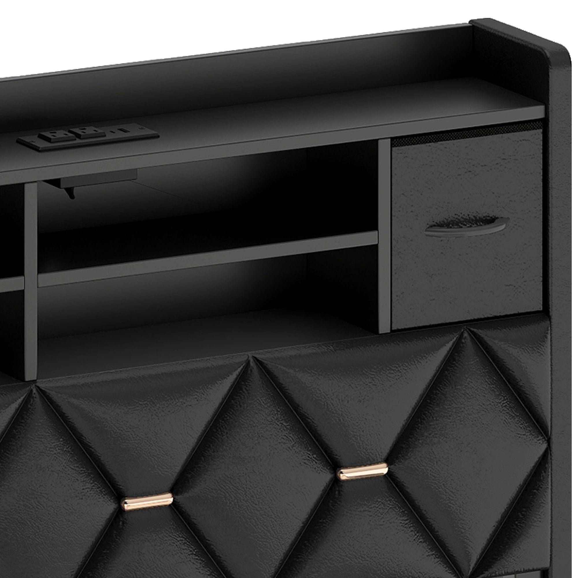 Uforic Full Size Bed Frame with Storage & Power Outlets, PU Leather Bed Frame with LED Lights, Black