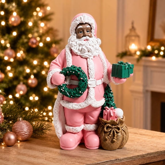 30cm Pink Santa Claus Resin Figurine, Christmas Tabletop Statue with Wreath, Gift Box & Sack, Festive Holiday Desktop Decoration for Home Mantel Shelf Decor