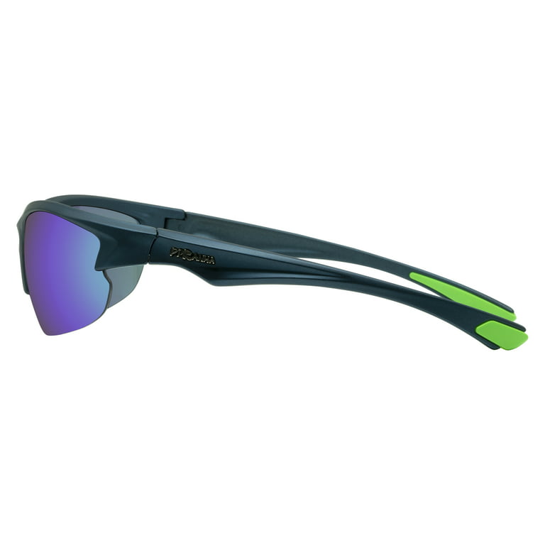 Piranha Eyewear Lynx 5 Dark Blue Unisex Sports Sunglasses with Green Trim  and Blue Mirror Lens