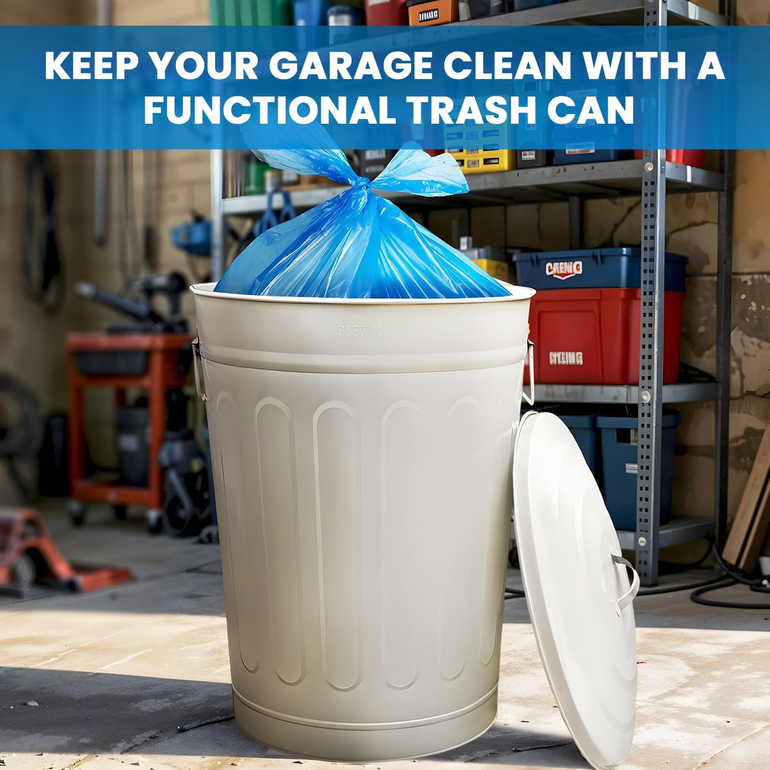 13-Gallon Beige Galvanized Steel Round Fire Resistant Trash Can with Lid