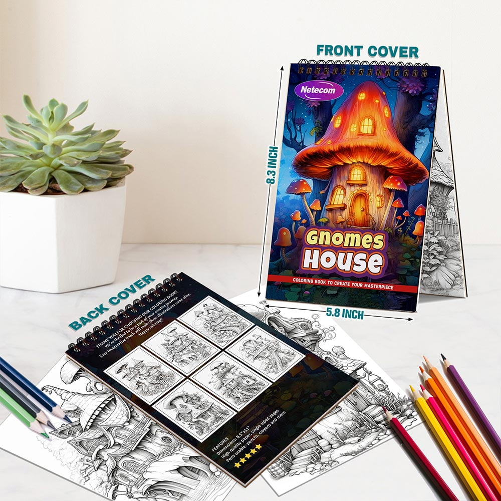 Gnomes House Coloring Book Spiral Bound For Adults, A5 Wooden Cover, 30 Charming Coloring Pages of Enchanted Gnome Villages for Stress Relief and Relaxation