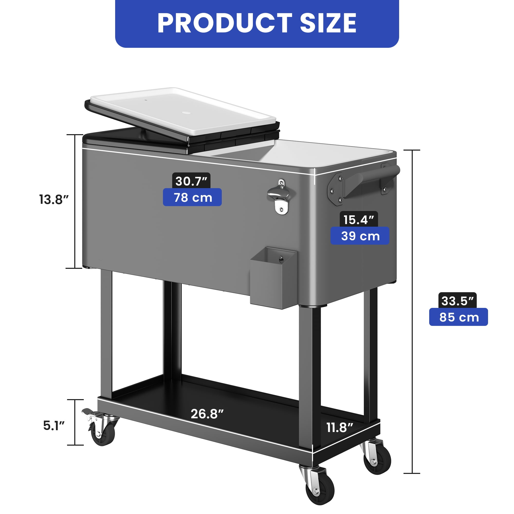 Uforic 80 Quart Rolling Ice Chest Cooler Cart,Outdoor Portable Beverage Cart, with Bottle Opener, Storage Shelf & Drain, Gray
