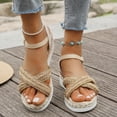 thumbnail image 2 of Espadrilles for Women Straw Braided Strappy Wedge Sandals Casual Summer Beach Shoes Open Toe Ankle Strap Platform Wedges Gold Size 7, 2 of 7