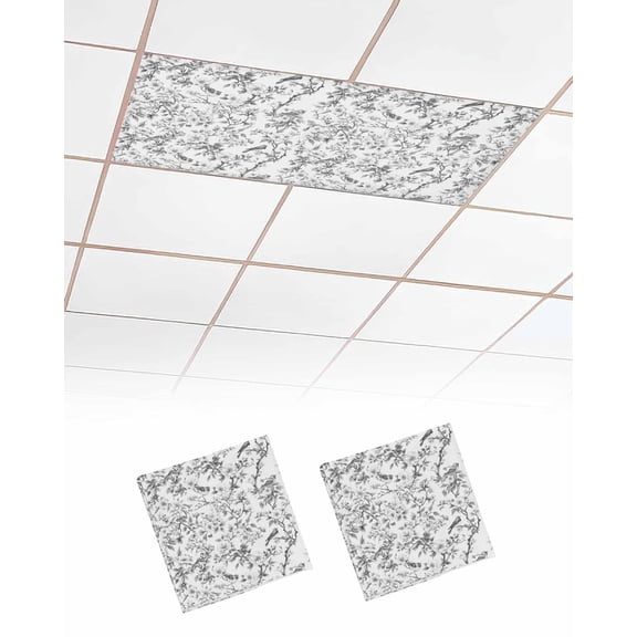 Grey Botanical Fluorescent Light Covers for Ceiling Lights 4x2 feet,2 Pack Magnetic Light Filters for Classroom,Elegant Watercolor Botanical Birds Fluorescent Light Shade Panel for Office School