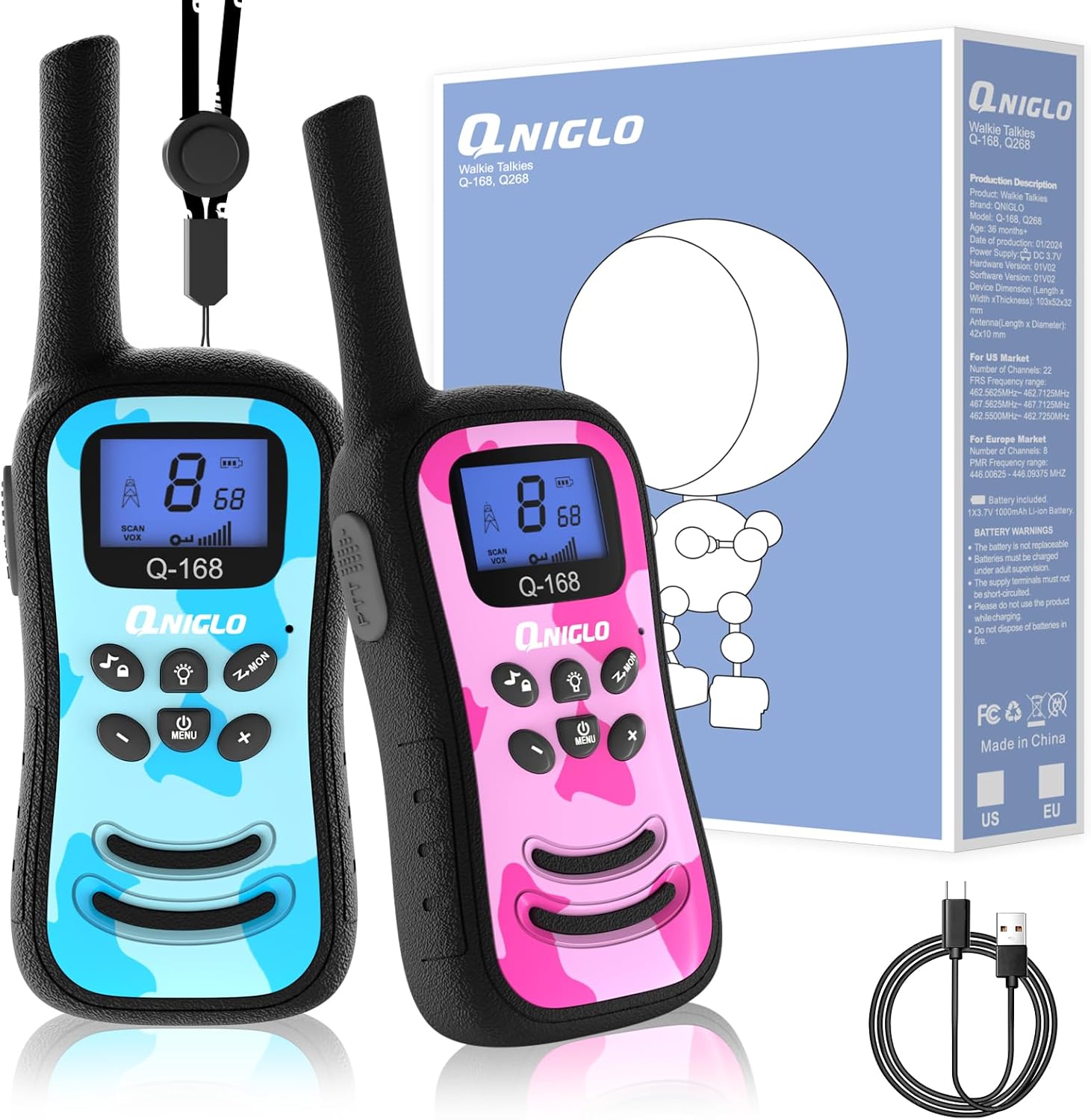 Talkies-walkies Enfants Rechargeables USB-C - Portée 3 Km (espace Ouvert) - 8 Canaux, Lampe Torche - Pour Jeux Extérieurs - 4