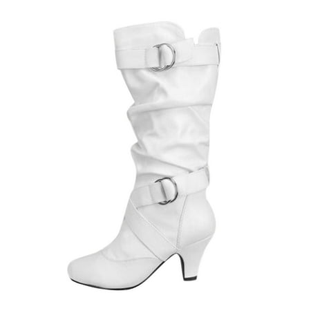 DVKOVI Western Boots Mid Calf Cowgirl Boots Women Retro Booties Tapered Heel Boots Shoes Mid Heel Boots Low Heel Cowboy Boots for Women White 37