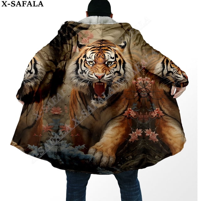 The King-Capa de piel de tigre blanco con estampado 3D para hombre, abrigo grueso y cálido con capucha, abrigo de lana a prueba de viento, bata, manta, 5