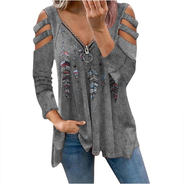 Birdeem Mode Femmes T-Shirt Décontracté à Manches Longues Imprimé Col en V avec Fermeture Éclair
