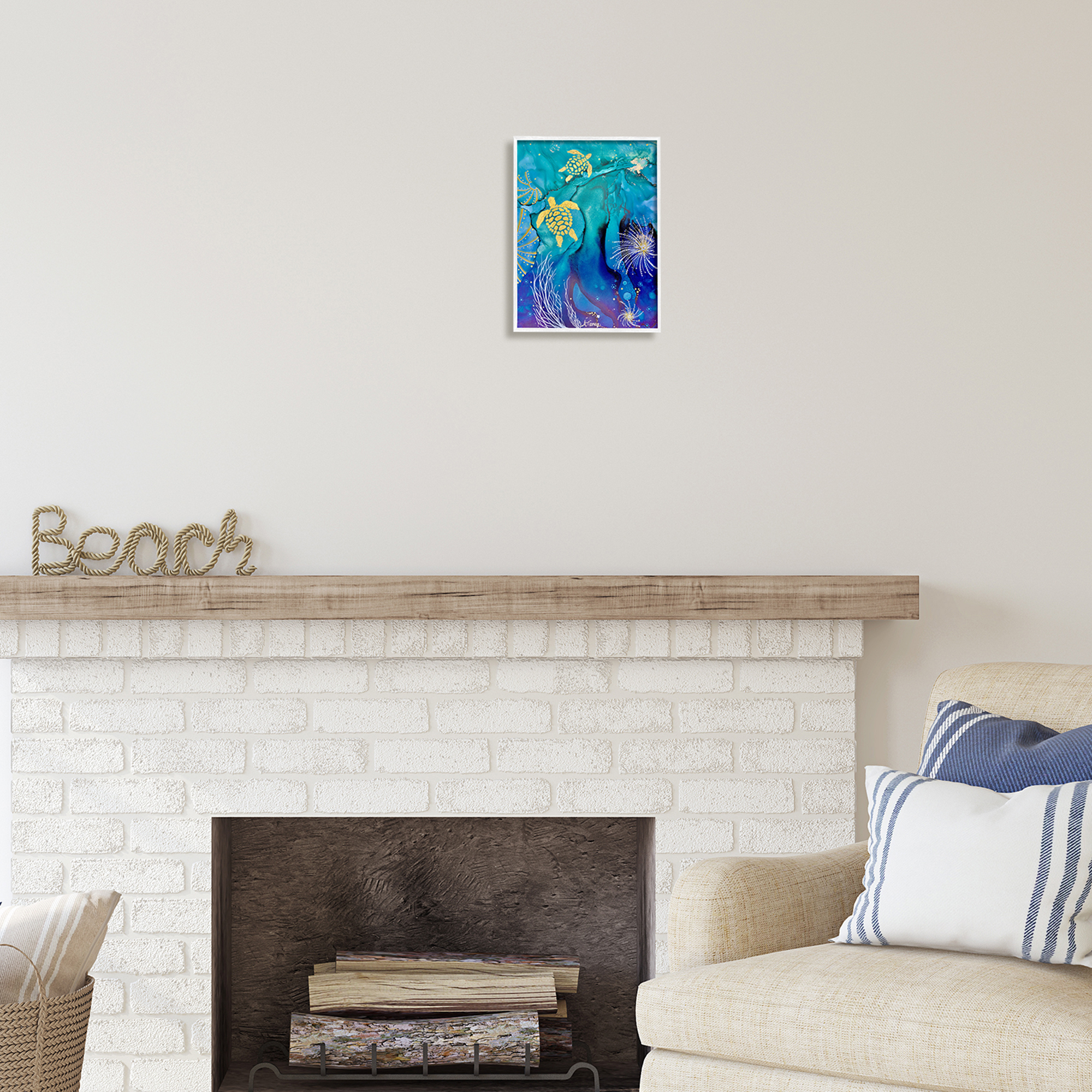 Stupell Industries Abstract Blue Sea Turtles Abstract Painting White Framed Art Print Wall Art, 11 x 14
