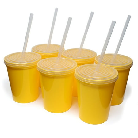 

Rolling Sands 16oz Reusable Plastic Cups with Lids 6 Pack USA Made; BPA Free Yellow Tumblers Includes 6 Reusable Straws; Dishwasher Safe