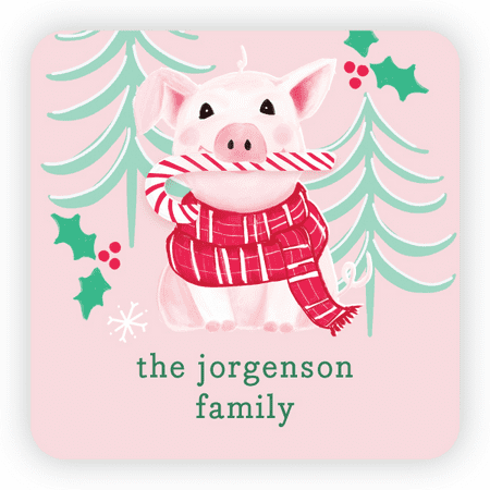 Personalized Holiday square 1.75x1.75" Square Seal Stickers - Peppermint Pig