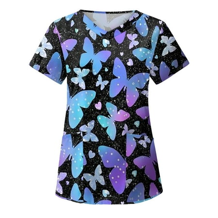 

QAZXD Womens Tops Women Fashion Butterfly Print V-neck Short Sleeve Scrub Tops With Pockets Tops