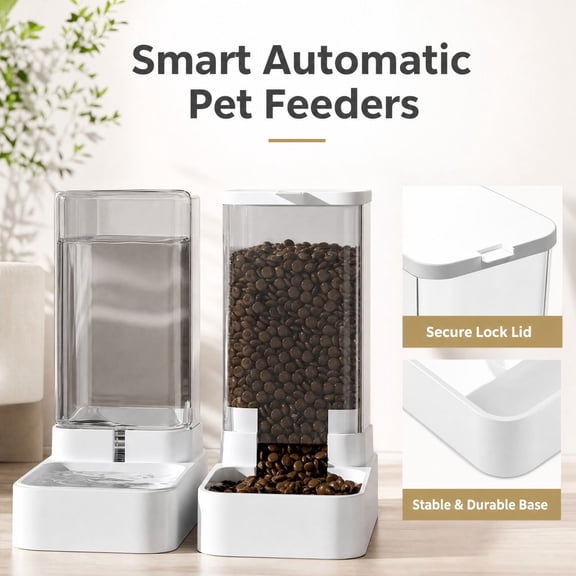Automatic Gravity Pet Feeder and Water Dispenser Set, Transparent 4.4 lb Capacity Dry Food Dispenser & Water Bowl for Cats and Dogs (No Battery Required)