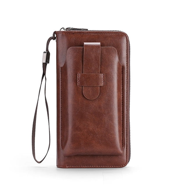 Ohufall Large Capacity Long Leather Wallet For Men Zippered Card Case Fits 6.9 Inch Smartphones