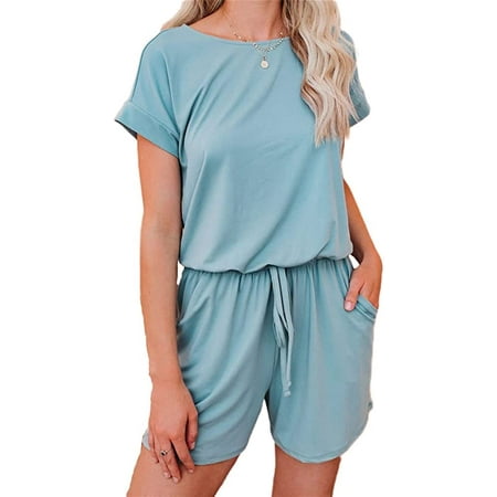 

QWZNDZGR Women s Short Sleeve Cotton Romper Crewneck Solid Color Elastic Waist Jumpsuit Overall with Pockets