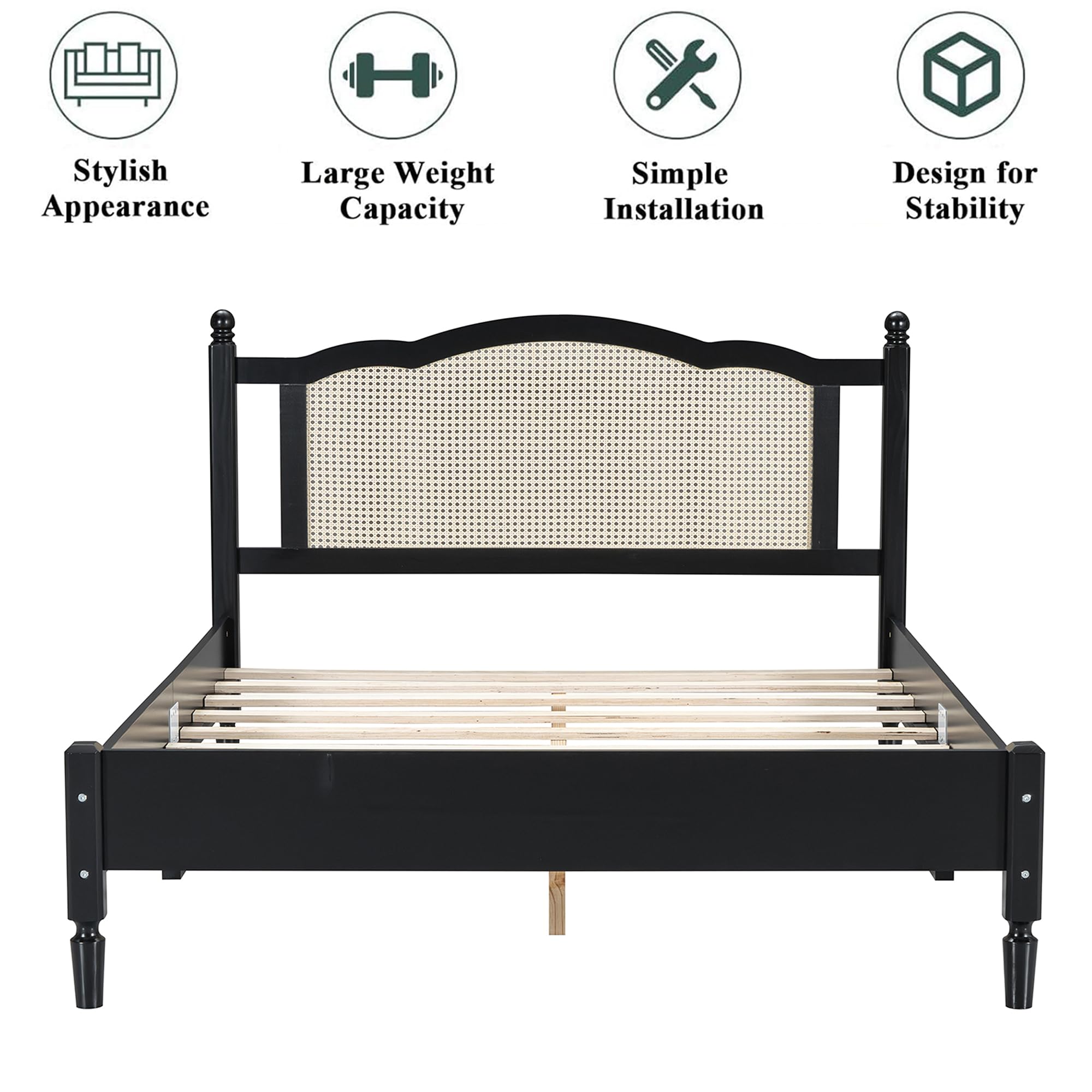 Aukfa Solid Wood Queen Size Bed Frame with Natural Rattan Headboard, Black