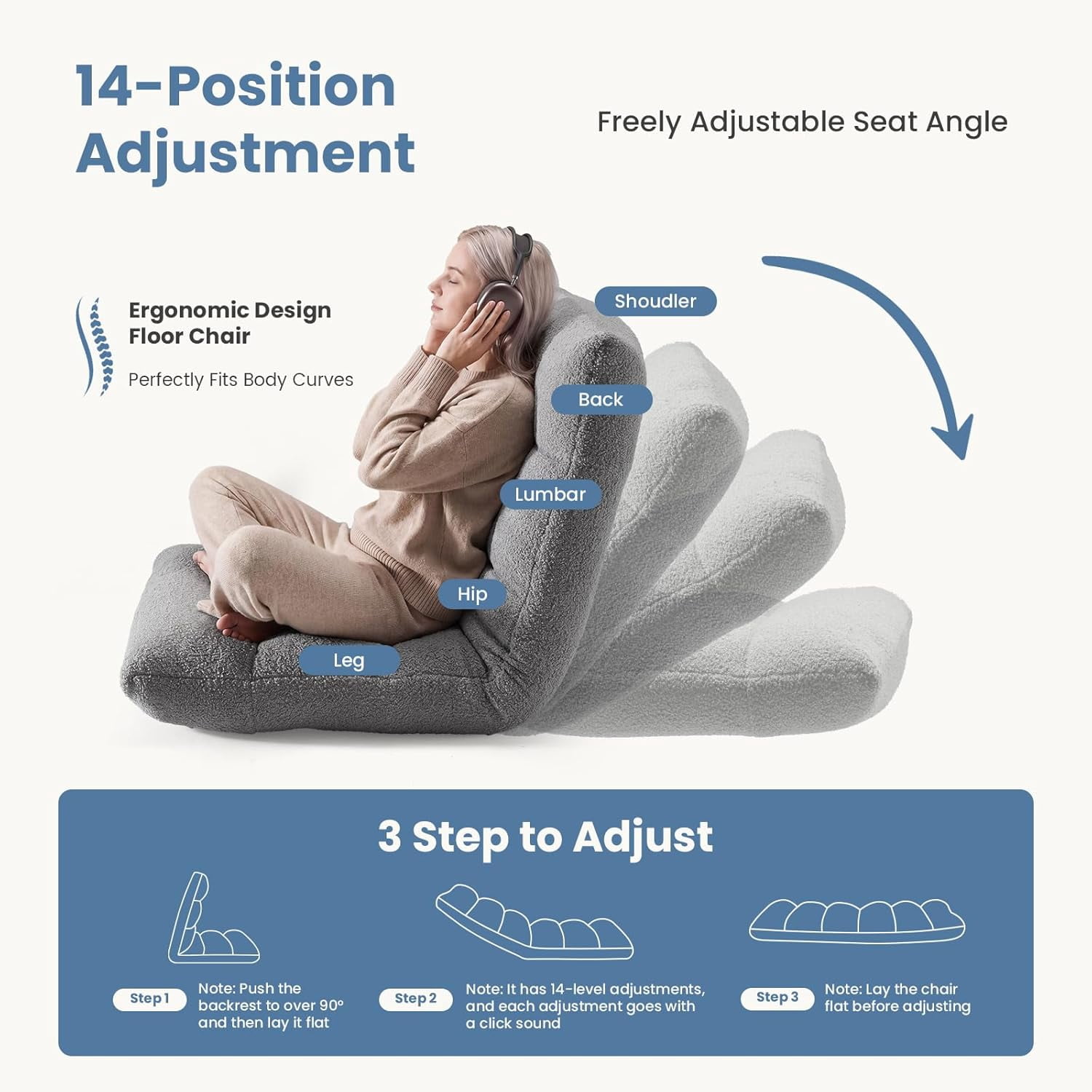 Folding Floor Chair, Adjustable 14-Position Gaming Chair with 5.9" Thick Cushion, Soft Velvet Cover & Steel Frame, Portable Floor Seating for Adults, Grey