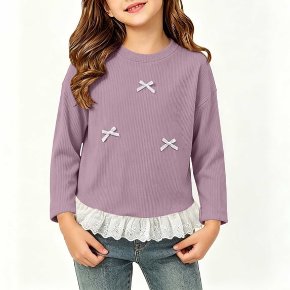 Acaics Girls' Long-Sleeve Layering T-Shirt: Round-Neck Ribbed Long-Sleeve Casual and Comfortable Base Layer Top With Lace Hem, Suitable for Ages 0–11