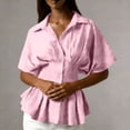 thumbnail image 3 of SSZMDLB Women Collared Short Sleeve Button Down Pleated Peplum Top Casual Blouse Solid Basic Shirt Office Outfits Summer Work Tops, Pink S, 3 of 7
