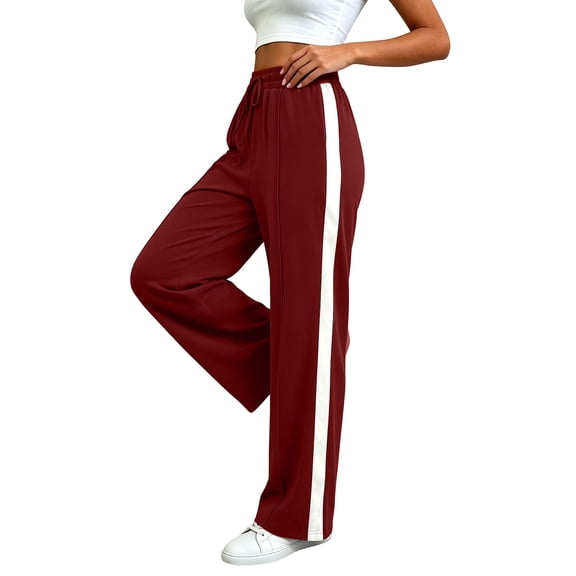 Womens Wide Leg Sweatpants Striped Drawstring Waist Casual Athletic Pants High Waisted Yoga Track Pants,Side Pockets White Stripe,Fall Loungewear & Workout Trousers,Fashion Loose Slacks
