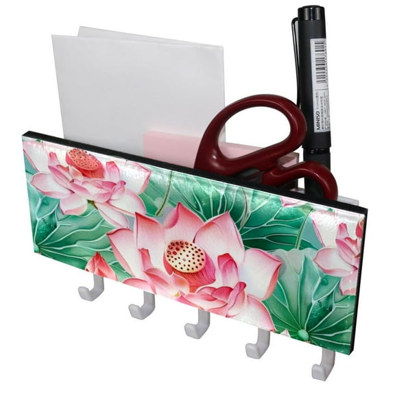 PhooArto Key Holder for Wall Decorative with 5 Key Hooks, Pink Water Lotus Pattern Holders Wall Mount Organizer with Mail Key Rack, Self Adhesive
