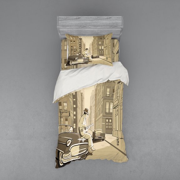 Ambesonne Music Bedding Set 3 Pcs, Old Street of New York, Twin, Beige