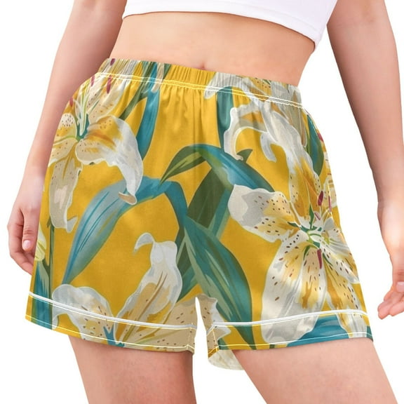 joogoo Women's Pajama Lounge Shorts Lily Flowers Green Leaves Bottoms Sleep Short M