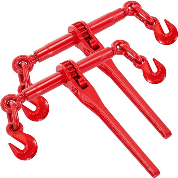 9215 LBS 3/8"-1/2" Ratchet Load Binders, Secure Working Load with Adjustable G70 Hooks, Fit Grade70-80 Chain, Truck Tie Down Hauling Tightener, 2 Pack Red