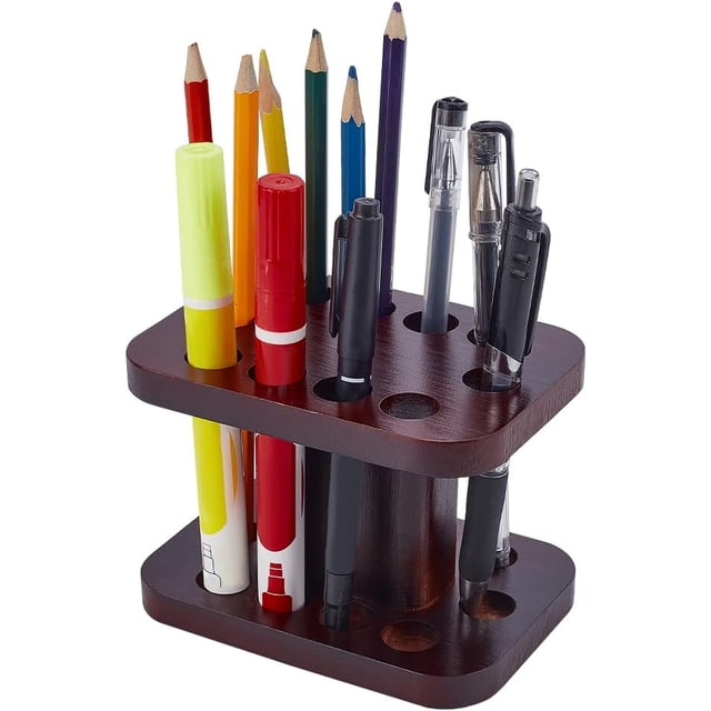 Soporte de madera color marrón coco para lápices, con 10 agujeros, organizador de escritorio rectangular.