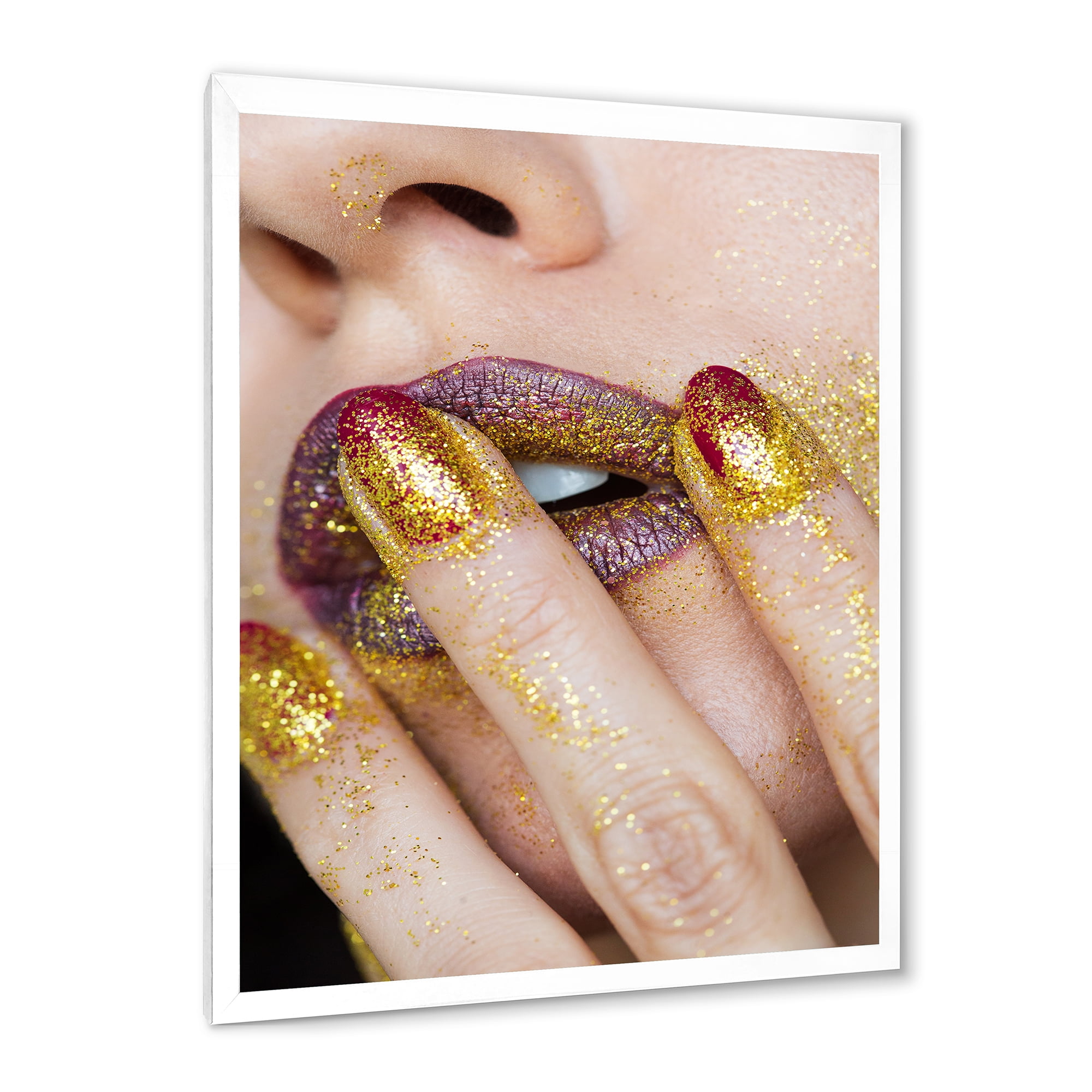 Designart 'Close-Up Of Woman Golden Gold Glitter Lipstick' Modern Framed Art Print