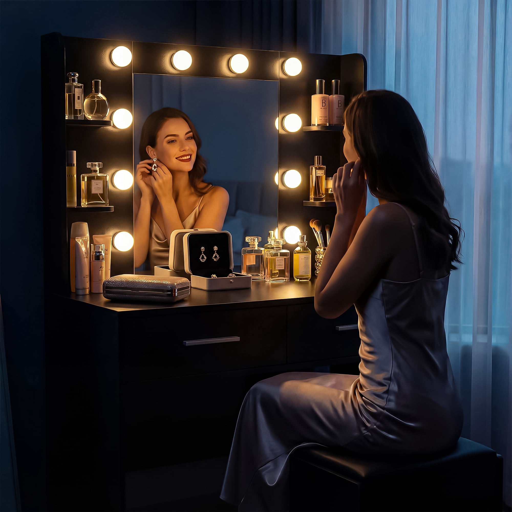 Homall Makeup Vanity Set with Mirror & Stool, Vanity Desk with LED Lights & Fast-Charging Outlet, Vanity Table for Bedroom Dressing Room, Black