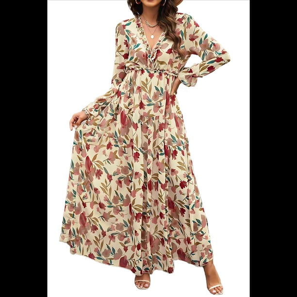 Vestido Maxi Bohemio para Mujer, Cuello en V, Larga Abullonada, Volantes, Corte A, Abertura, . Flores Amarillas XL
