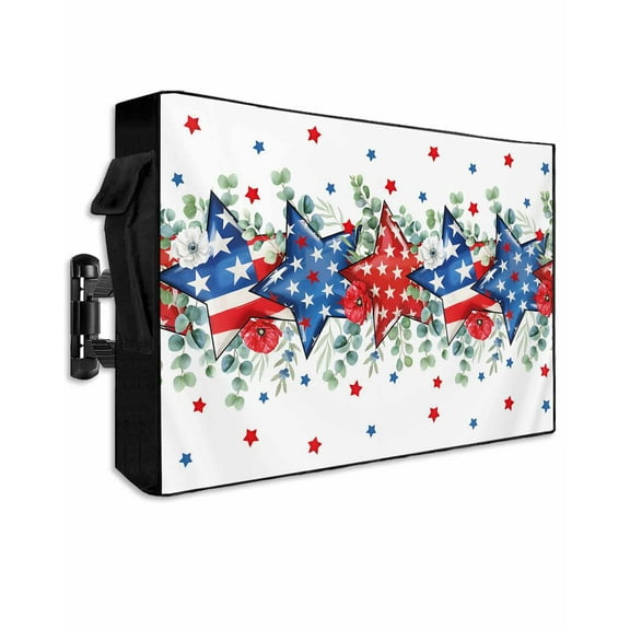4th of July Outdoor TV Cover 70 to 75 Inch Weatherproof, Blue Red Stars Independence Day Watercolor 600D Oxford TV Covers with Waterproof Zipper, Outside Flat TV Screen Protector Size 68"Wx42"Hx4.5"D
