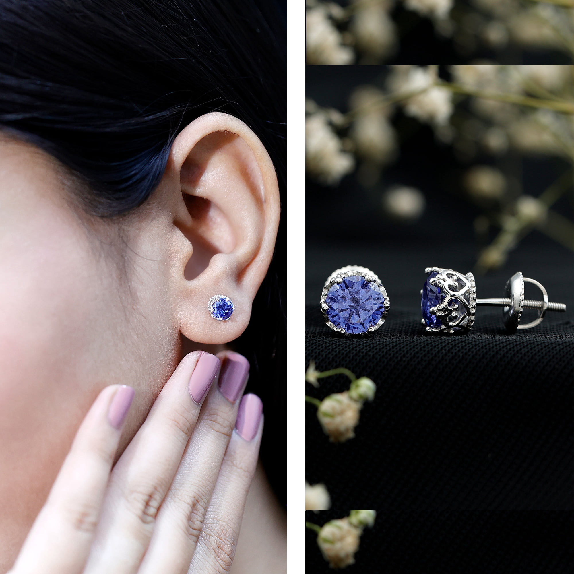 Rosec Jewels Lab Grown Blue Sapphire Studs - Sterling Silver Sapphire Earrings Screw Back - September Birthstone - Ready to Gift