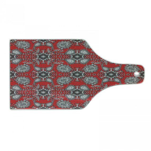 Mandala Cutting Board, Doodle Mandala Flower Ivy Swirls Classic Paisley Design Image, Decorative Tempered Glass Cutting and Serving Board, Wine Bottle Shape, Scarlet White Black, by Ambesonne