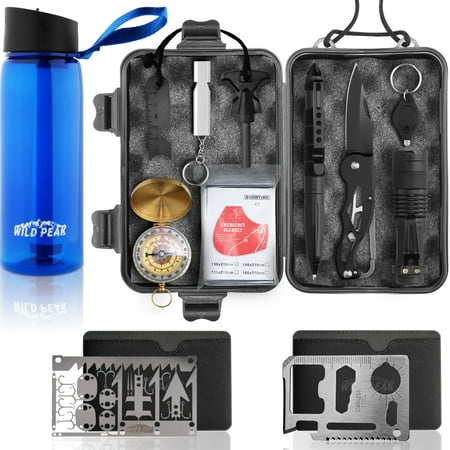 Wild Peak Prepare-1 Survival Tool Kit Bundle with Outdoor 4-Stage Water Filter Straw Emergency 22oz Bottle and Multi-tool 22-in-1 Card...
