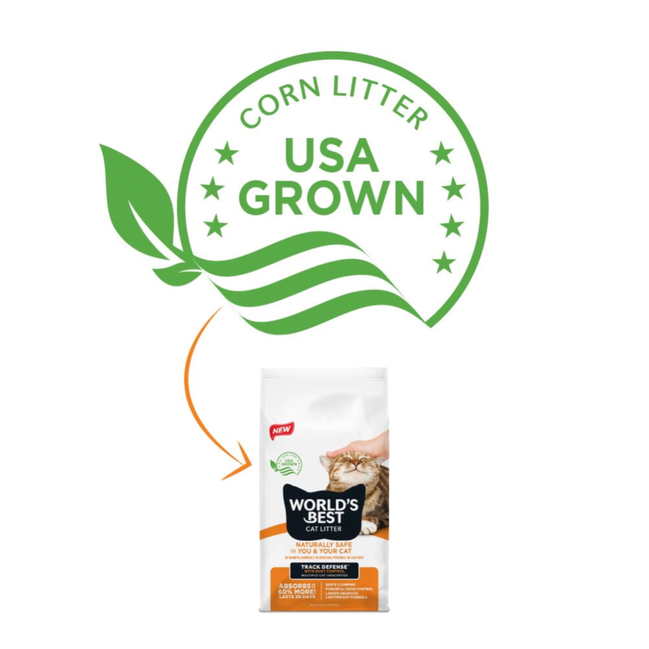 World's Best Cat Litter® Track Defense™ Unscented, Low Tracking, Dust Control, Made from Corn, Quick Clumping, Flushable, 99% Dust Free, Long-Lasting Odor Control & Easy Scooping, 15 Pound Bag
