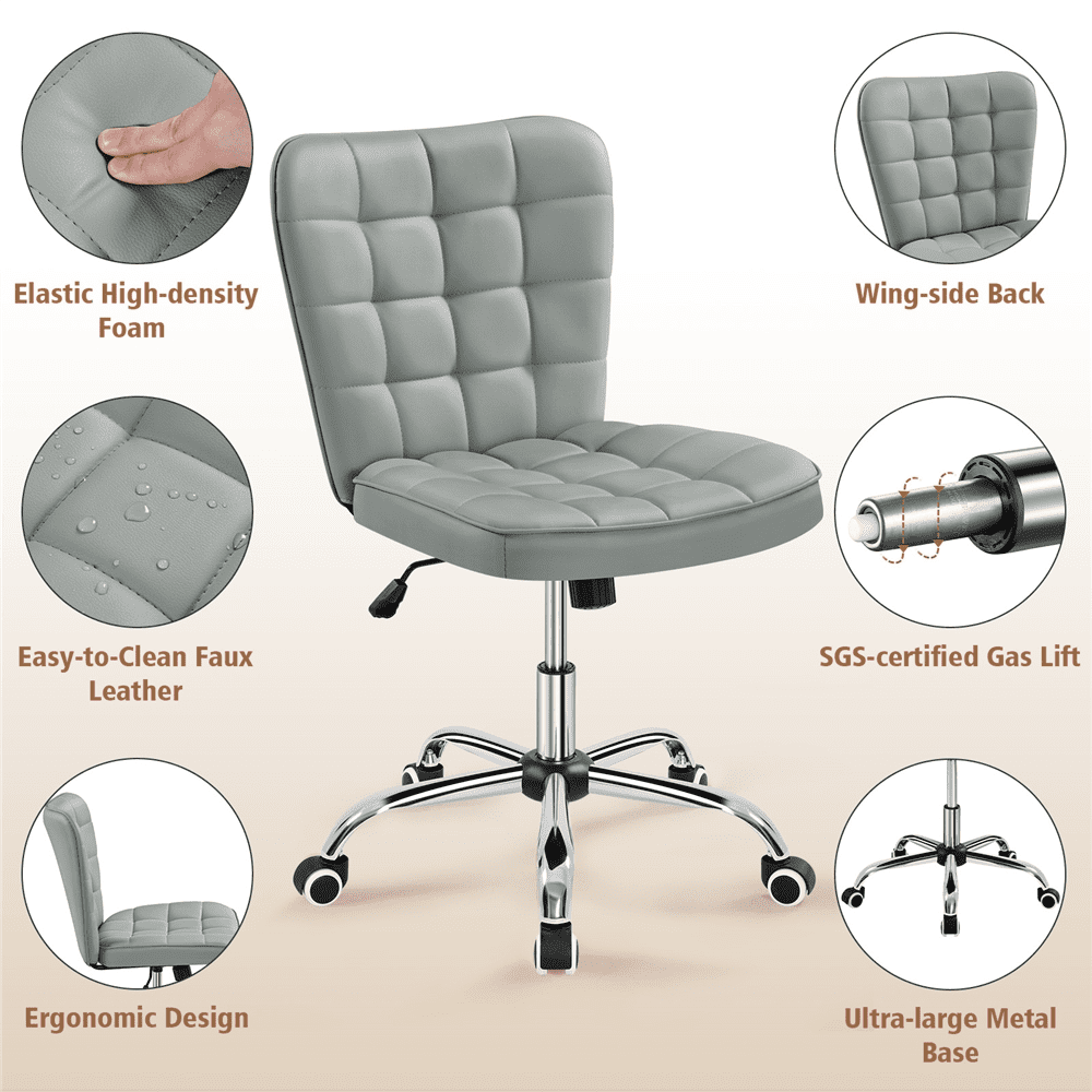 Alden Design Modern Tufted Armless Desk Chair with Rolling Wheels, Light Gray