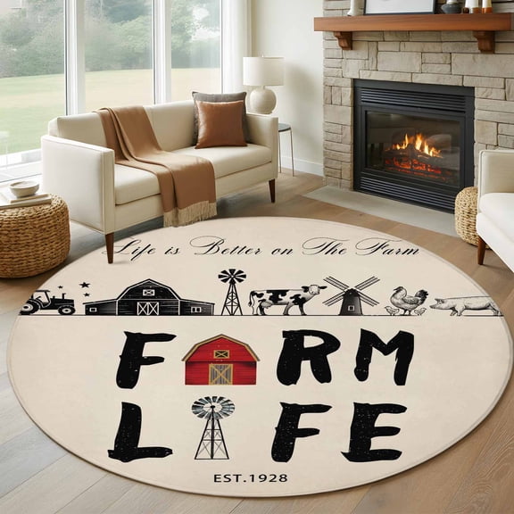 Round Rugs 5Ft, Country Cabin Round Area Rug Washable Indoor Throw Carpet, Vintage Farmhouse Barn Chicken Pig Cow Soft Non Slip Circle Rug for Cabinet Bathroom Home Decor Aesthetic