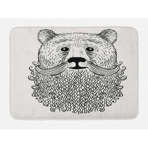 Indie Bath Mat, Doodle Style Sketch Bear Portrait with Curly Beard and Mustache Cute Cool Animal, Non-Slip Plush Mat Bathroom Kitchen Laundry Room Decor, 29.5 X 17.5 Inches, Black White, Ambesonne