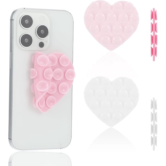 2PCS Heart Suction Phone Grip Silicone Suction Phone Case Heart Suction Cup Phone Grip Double Sided Suction Cup Phone Case for Mobile Devices Mirrors Glass and More(Pink, Clear)