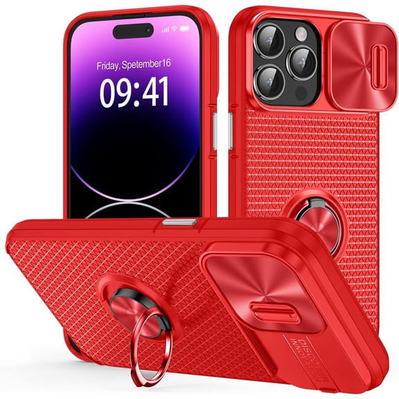 Compatible for iPhone 14 Pro Case with Magnetic Ring Holder [Slide Camera Protection & Military Grade Drop Tested] Flexible Silicone Shockproof Kickstand Case for iPhone 14 Pro Red
