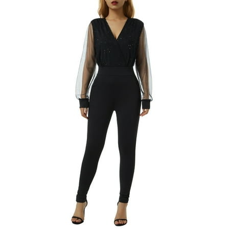 

Qiylii Women s Elegant Party Jumpsuit Glitter Sheer Mesh Long Sleeve V-neck Bodycon Pants Romper