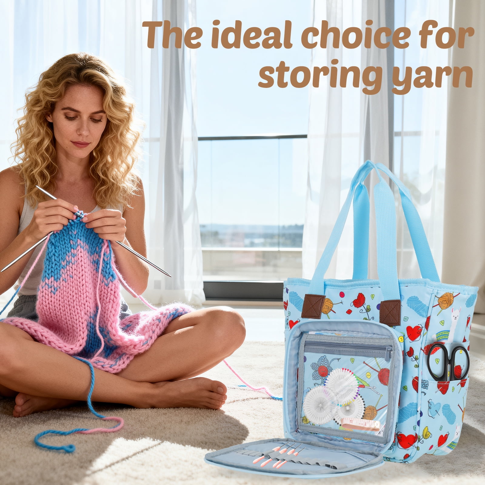 Threns Crochet Yarn Storage Bag Large Capacity Travel Knitting Bag Portable Oxford Cloth Wool Tote Organizer with Multi Pocket for Knitting Needle Crochet Hook