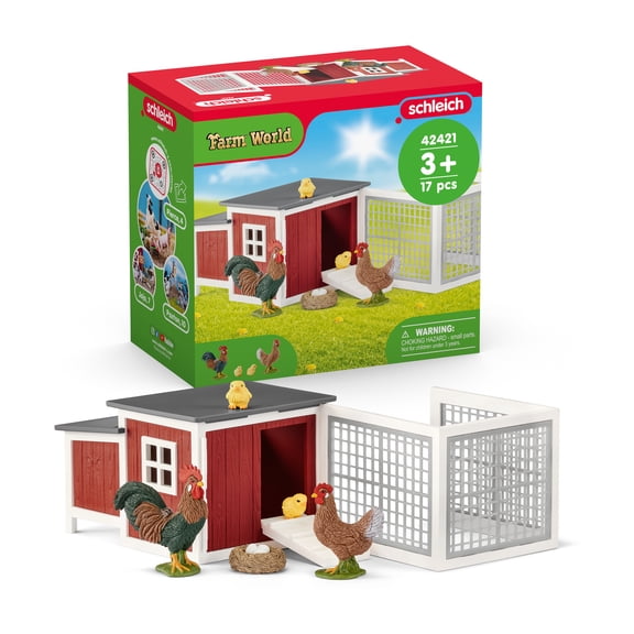Schleich Farm World 8 PC Chicken Coop Playset with Rooster, Hen, and Chick Figures
