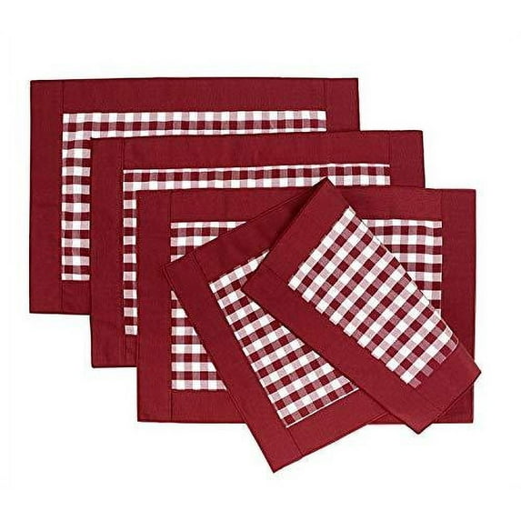 Fennco Styles Handmade Reversible Buffalo Plaid Solid Border Red Placemats 14" W x 20" L, Set of 4