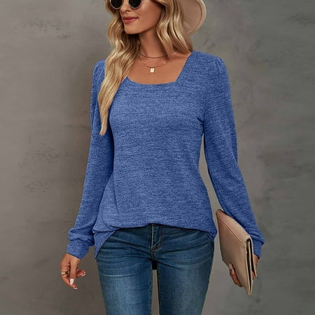 

YOHOME Women s Solid Color U-Neck Ruffled Long Sleeve Casual Puff Sleeve Bottoming