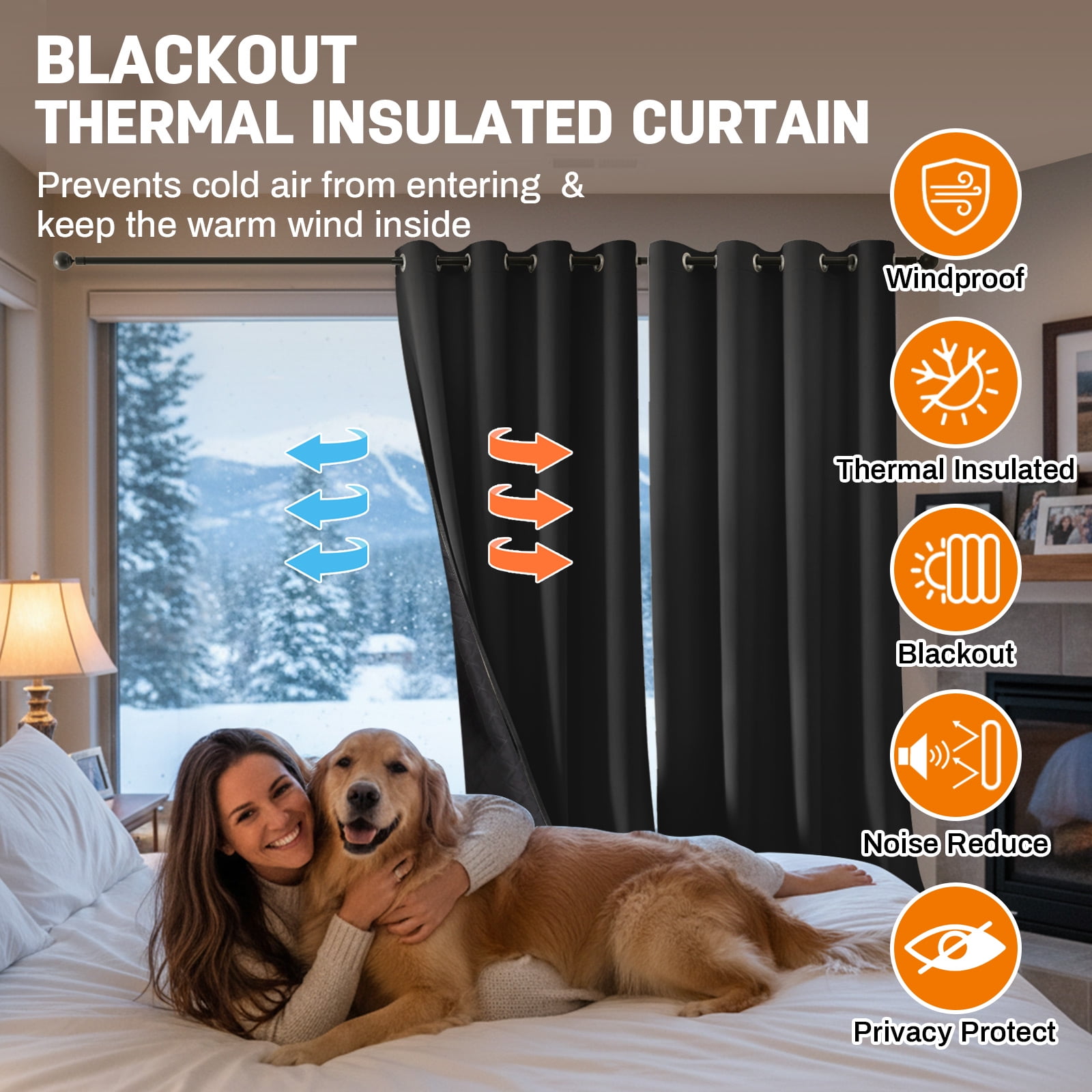 Lapalife Thermal Insulated 100% Blackout Curtains for Bedroom, 63 Inch Double Layer Thick Quilted Lining Grommet Curtain Noise Reducing for Living room, Bedroom, Black, 1 Panel